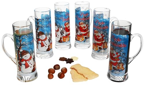 MamboCat Frohe Weihnachten 6er Set Glühweingläser mit Henkel I 200ml, geeicht, H17,5cm I Teeglas mit Weihnachtsdekor & Schneemann Luis I Weihnachtsbecher für Eierlikör & Co an Nikolaus & zum Advent