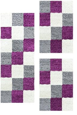 Carpetsale24 Bettumrandung Schlafzimmer 3 teilig Shaggy Hochflor Teppich Violett Bettvorleger Schlafzimmer Bettset: 2 St. 80x150 cm | 1 St. 80x250 cm - Teppich Läufer Set Kariert Design