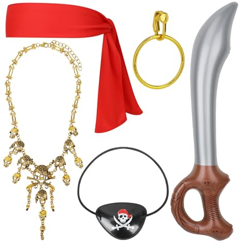 VGMANNTA Piraten Kostüm Accessoires Piratenkostüm Damen Kinder Augenklappe Pirat Kopftuch Gefälschtes Schwert Halskette Gothic Halskette Ohrring Verkleidung für Karneval Cosplay Halloween