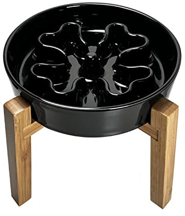 Gocess Slow Feeder,Ceramic-Slow Feeder Dog Bowls Elevated for Medium and Large Breed,4 Cups Slow Feed Dog Bowl with Stand,Black