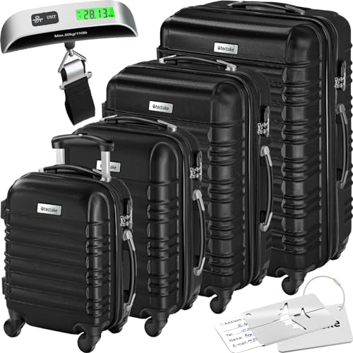 TecTake® Set di 4 Valigie Rigide Mila, Trolley Inseribili con Rotelle Girevoli a 360°, Maniglia Telescopica Regolabile, Spazio Interno Espandibile, Robusta, Bilancia, Etichette - Nero