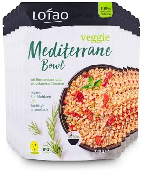 LOTAO Veggie Mediterrane Bowl 10x220g Vegane Fertiggerichte Paket | BIO-Gericht ohne Zusätze + Soja | Schnell + praktisch: Fertigessen für Mikrowelle + Pfanne | Vegane Lebensmittel für jeden Tag