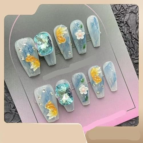 Fait à la main portant un clou, vent d'été, style japonais, beauté des ongles portable petit poisson rouge, faux ongle détachable (taille : M)