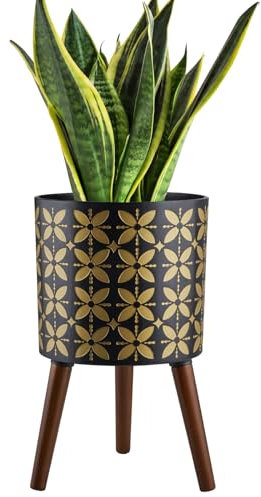 nacltlo 10 Inch Plant Pot with Stand, Planter for Indoor Plant Mid-Century with Drainage Holes for Outdoor,Black and Gold