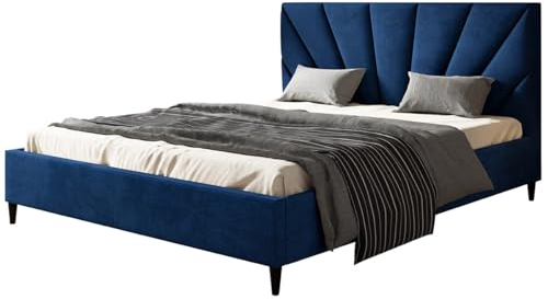 AlpiMeble Polsterbett LUX Denver mit Kopfteil, 160 x 200 cm, Doppelbett mit Lattenrost aus Holz, Velourstoff Blau, Füße in Farbe: Schwarz