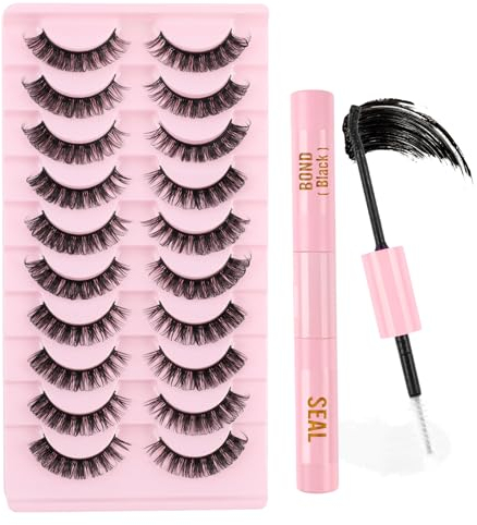 Poiuyoiu Lot de 10 Paires de Faux Cils Russes Avec Colle à Cils Bond et Scellement DIY à la Maison Effet 3D œil de Chat D Curl Vaporeux Réutilisables