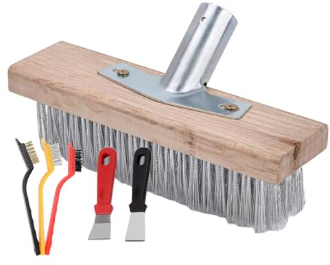 Terrassenbesen - Steife Borstenbesen | Kehrbesen im Freien | Schwerlast-Stahlbesen zur Reinigung, Metallbesen mit Sockel für Holzstiel, Gartenbesen für Terrasse, Stein, Beton