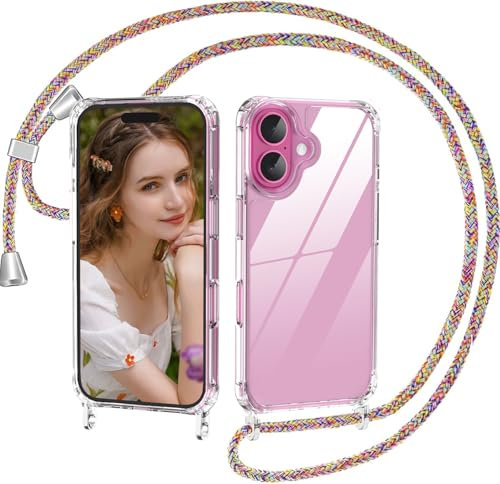 Nupcknn Transparente Funda con Cuerda para iPhone 16, Anti-Choque Anti-arañazos Carcasa Silicona Case con Correa Colgante Colgante movil Ajustable Collar Case 1.6M