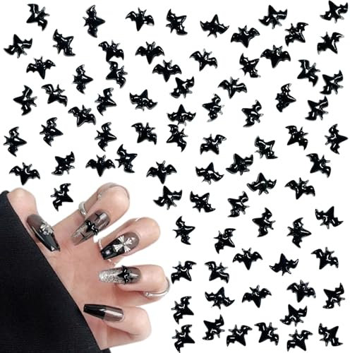 Halloween Nail Charms,120PCS Black Bat Nail Gems,Resin Flatback 3D Nail Art Charms Nail Supplies for Manicure Design Decorations DIY Crafting Jewelry Making (Black)