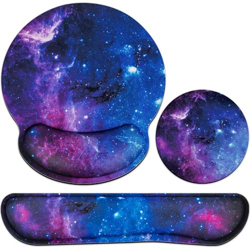 Tapis de souris 3 en 1, Tapis souris Ergonomique avec Coussin en Gel + Repose-Poignets clavier + Sous-verres Antidérapants avec mousse à mémoire de forme pour Bureau/Gaming/Portable