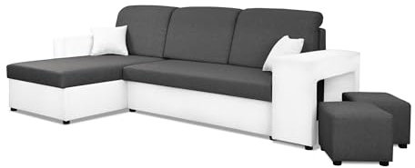 NAWSTOL Ecksofa Alex mit Schlaffunktion, Zwei Bettkästen, zusätzlichen Hockern und universeller Ausrichtung – praktische Lösung für Ihr Wohnzimme (Graues + weißes Ökoleder)