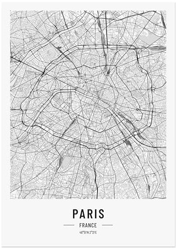 JUNOMI® Paris Poster DIN A4 Wohnzimmer Deko, Modernes Wandbild, Paris Bild, Wandbild ohne Rahmen, Stadtplan Poster