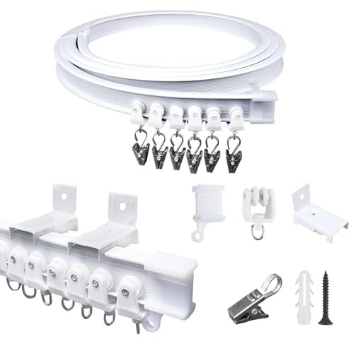 FOGAWA Flexible Vorhangschiene Wandmontage 2.5 m Wandvorhangschiene Gardinenschiene mit 20 Vorhangklammern Wandschiene für Duschvorhangstange Raumteiler Vorhangschienensystem mit Wandhalterung Weiß