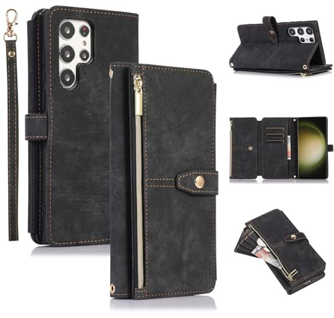UEEBAI Hülle für Samsung Galaxy S25 Ultra 5G,Leder Klapphülle,Retro Schwarz | 9 Kartenfäche Lederhülle mit Umhängegurt Handschlaufe Ständer Reißverschluss Handyhülle Magnetverschluss Wallet Flip Case