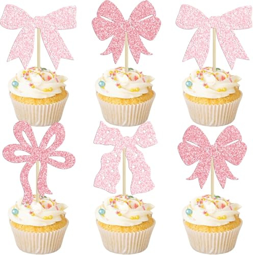 24 PCS Tortendeko Rosa, Cake Topper Rosa, Cupcake Topper Rosas, Cupcake Topper Baby Rosas, Geeignet für Pink Bow Party, Pink Birthday Party, Mädchengeburtstagsparty/B