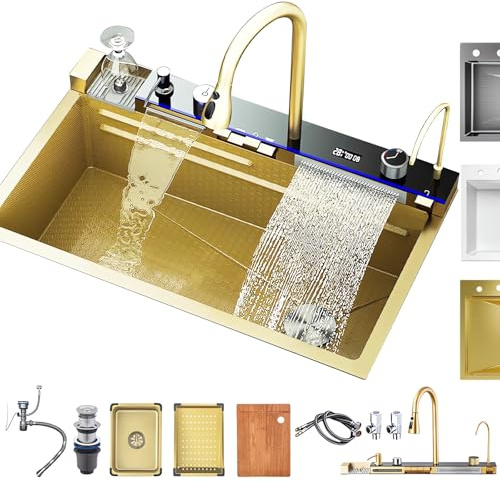 Coubird Küchenspüle Schwarz T304 Edelstahlspüle, Moderne Luxus Multifunktions Wasserfall-Spüle, Über-/Unterbauspüle Einzelbecken mit Abfluss-Set (Gold, 75X45CM)