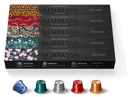 Nespresso Original - Bundle 50 Capsules de Café - Lungo Explorations, Torréfaction Mixte - 10x Tokyo - 10x Stockholm - 10x Buenos Aires - 10x Vienna - 10x Shanghai