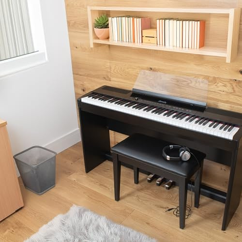 Sonix SXP8 portable digital piano in black satin supplied with fixed stand and 3 pedal unit, with 88 note touch sensitive graded hammer action keyboard, Bluetooth, and 90 selectable voices