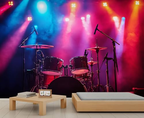 Neon-Disco-Bühnentapete für Wohnzimmer, beliebtes Schlagzeug-Set, Wandbild, Musikinstrumente, entfernbare Tapete, mieterfreundlich, entfernbar, Vliestapete, 3D-Musikliebhaber, Geschenke, 100 x 70 cm