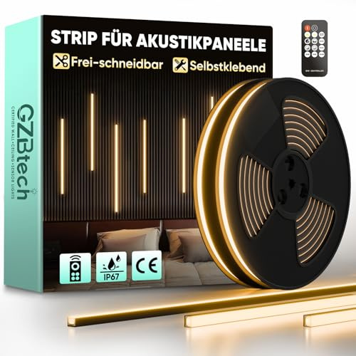 GZBtech Akustikpaneele LED Streifen mit Fernbedienung 10M, Flexible Schneidbar 3000K Warmweiss Dimmbar Wandpaneele Strip light, IP67 wasserdicht Schwarz Selbstklebend Licht für Akustikpaneel, Regal