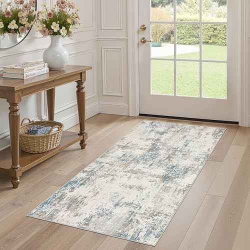 DMOYEST Teppich 80x150cm Wohnzimmer Modern Beige Blau Braun Waschbar | Kurzflor Weich Maschinenwaschbar Rutschfest, Kinder und Haustierfreundlich für Schlafzimmer, Esszimmer und Büro