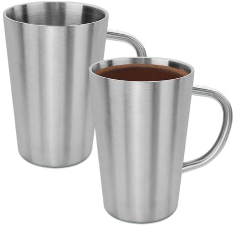 LELE LIFE 2 Pack Stainless Steel Coffee Mug with Handle, 350ml Metal Double Walled Insulated Cups Camping Mug for Home Camping Travel Outdoors RV, Silver