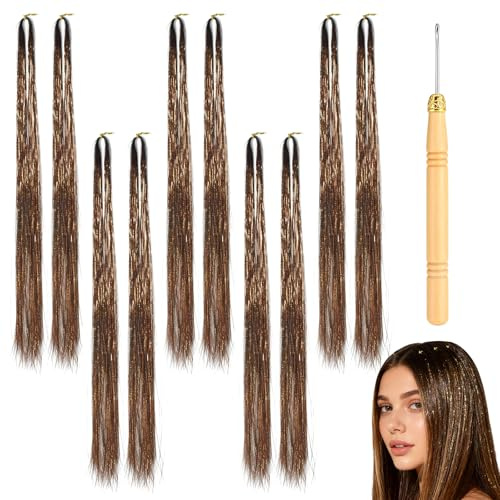 10er-Pack Haarsträhnen-Set, 120 cm Glitzer-Haarsträhnen, 3000 Strähnen, mit ausgeschnittener Häkelnadel, geeignet für Frisuren-Festivals, Party-Haar-Accessoires, Cosplay-Zubehör, goldbraun