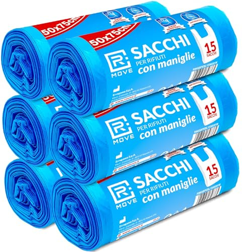 R MOVE 90 sacchetti spazzatura 50x60 +15cm di manici, sacchi spazzatura 40 litri, 6 rotoli, 15 buste immondizia per rotolo, per pattumiera differenziata e indifferenziata (Con Manici (90 sacchi))