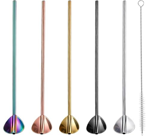 Cannucce Cucchiaio Riutilizzabili Acciaio Inossidabile 2 in 1 in Metallo con 1 Pezzo Spazzola per Frullati Milkshake Cocktail e Bevande Calde Multicolore 5 Pezzi (Farfalla)
