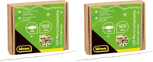 Idena 31483 - LED Micro Lichterkette mit 120 LEDs in Warmweiß, mit USB Stecker und Schalter, ca. 13,5 m lang, Deko für Innen, zum Basteln, als Party Deko, Weihnachtsdeko, zur Hochzeit (Packung mit 2)