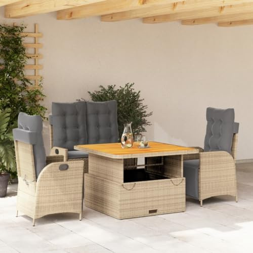 Bucmath 4-TLG. Garten-Essgruppe Beige Poly Rattan, verstellbare Sessel & Bank, höhenverstellbarer Tisch für Terrasse, Balkon, Essbereich, UV-beständig, 110 kg Traglast
