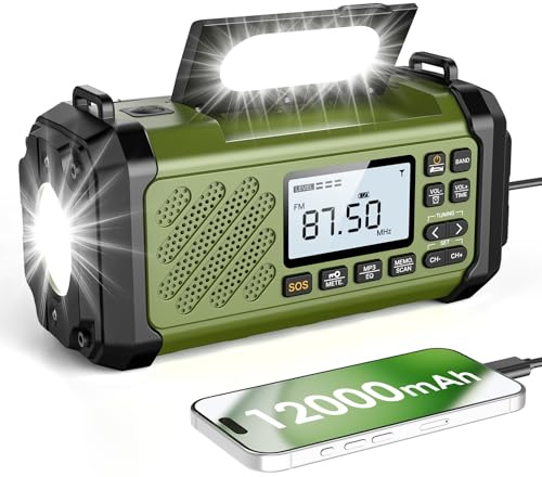 Vikeri Notfallradio mit Kurbel und Solar 12000mAh, AM/FM/SW | Tragbare Radio mit Tragegurt für Notfall, LED Camping Licht,SOS Alarm,Kompass, USB-C Handyladung