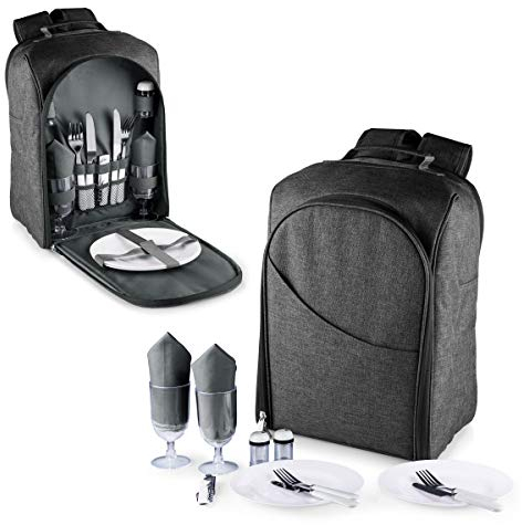 PICNIC TIME PT-Colorado Picnic Backpack, Modern Backpack Cooler with Deluxe Set for 2, Fully Insulated Cooler Bag with 20-can Capacity for Beach, Hiking, and Outdoors, (Gray)