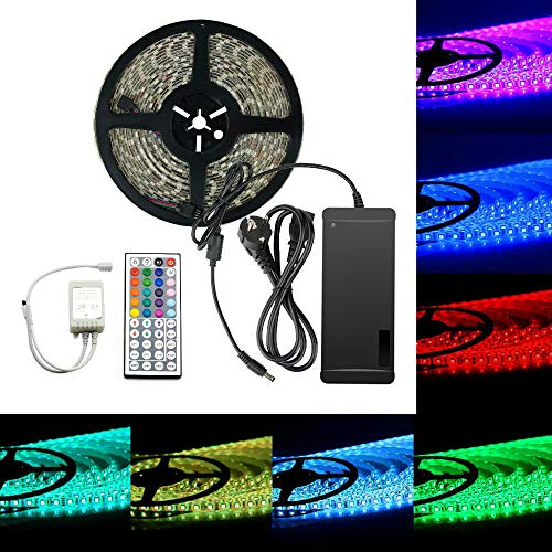 RGB LED Stripes 5050 SMD 10M/32.8ft RGB 600 LED Streifen Kit 60Leds/M Led Strip Licht Lichtband Lichtstreifen Set IP65 Wasserdicht mit 44 Tasten Fernbedienung + EU Plug DC 24V/5A Netzteil