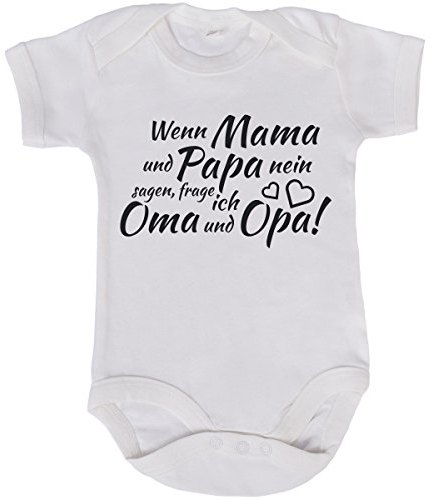 JUNIWORDS Babybody Kurzarm - 100% Baumwolle - Wähle Motiv, Farbe & Größe - Wenn Mama und Papa nein sagen frage ich Oma und Opa - Weiß - Größe: 60-66 cm