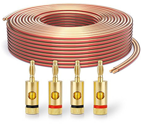 PureLink SP060-010 Cable de altavoz 2 x 2.5 mm² (99.9% OFC alambre de cobre sólido 0.20mm) Cable de altavoz de alta fidelidad, 10m, transparente, Set incluye 4 tapones de banana