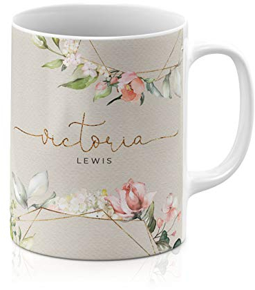 Personalised Mug Printed with Your Name or Initials Floral Gold Pink Flowers Roses Watercolour Printed Glitter, NO Real Glitter. Made of White Ceramic