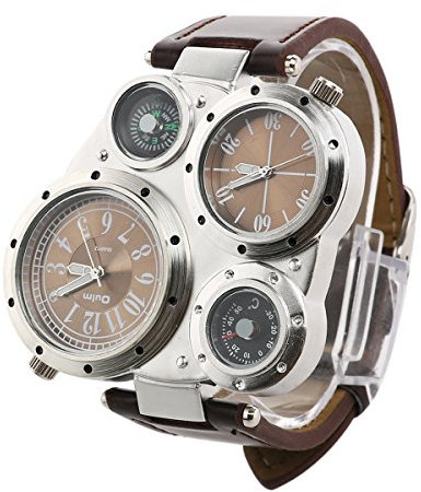 Dual-Time-Zone-Quarz-Sport-Armbanduhr für Herren mit PU-Band/Kompass/Thermometer