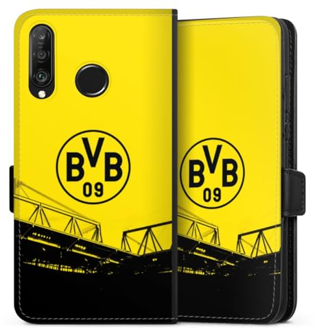 Klapphülle kompatibel mit Huawei P30 Lite Handyhülle aus Kunst Leder schwarz Flip Case Borussia Dortmund BVB Fanartikel