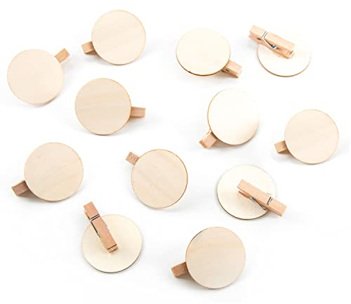 Logbuch-Verlag 12 Holzklammern natur mit runder Scheibe 4 cm aus Holz Dekoklammer beschreibbar basteln DIY Namensschild Deko Hochzeit Holzscheibe