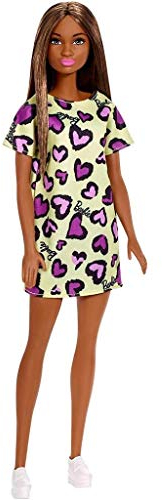 Barbie Bambola Castana con Abito Giallo con Cuoricini Viola, Giocattolo per Bambini 3+ Anni, GHW47