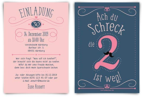 Kartenmachen.de Individuelle 30. Geburtstag Einladungskarten DIN A6 (148x105mm) - Ach du Schreck, die 2 ist weg - ab 10 Stück Sets