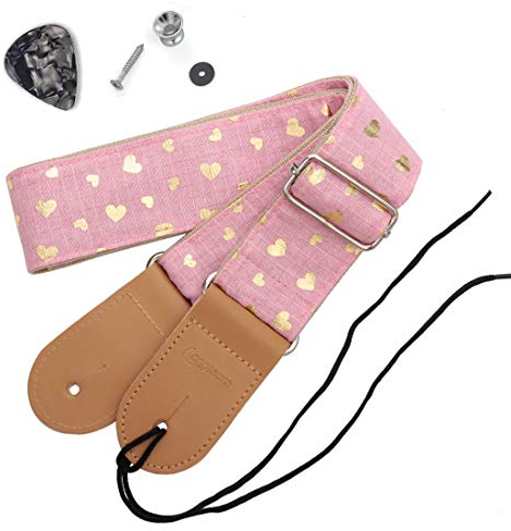 longteam Einfacher Gitarrengurt aus Leinen und Leder, Verstellbare Länge, Langlebig, für E-Gitarre, Bass mit Nägel, Seil, Plektren (klassisch Rosa Herz)