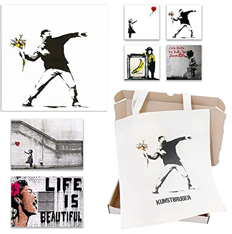 Banksy Bilder Geschenk Box- Geschenke Ideen Set mit Leinwand Bild, Jutebeutel/Stofftasche, Postkarte und sticker I super günstig
