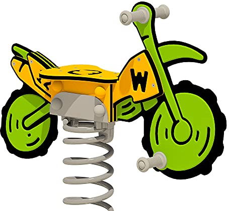 Wickey PRO Federwippe Motorrad Crossey grün/gelb - Federtier Spielplatzgerät - inklusive Bodenanker - Outdoor Spielplatz Wippe für Kinder - für öffentliche Spielplätze und Schulen