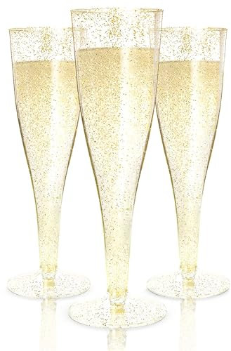 Prestee Gold Glitter Champagne Flutes, 24 Pack - Plastic Disposable Champagne Glasses for Parties, Weddings, Showers - 4.5 Oz, BPA Free