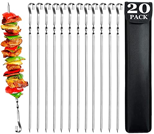 Tabiger Brochetas de barbacoa – Juego de 20 pinchos de acero inoxidable Kabob de 40 cm de largo reutilizables de metal plano shish kebab brochetas para asar carne