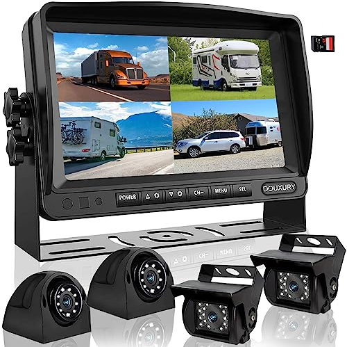 DOUXURY RV Backup Camera System with 7'' Quad Split 1080P Monitor for Truck Trailer Semi Camper Bus & 4 AHD Rear Side View Camera with DVR Record Function IP69 Waterproof Night Vision Avoid Blind Spot
