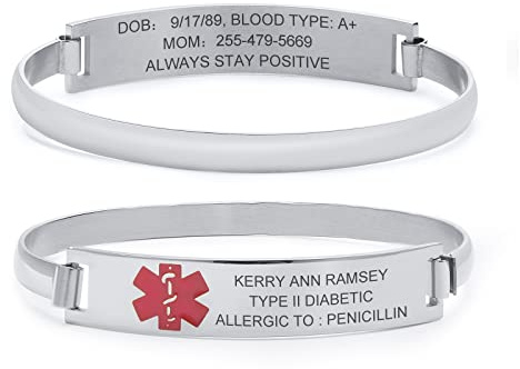 FLHEART Medizinische Alarm Armband Damen : Individuell Edelstahl Einfacher Haken Medizinische ID Armreif Armband für Damen Mädchen,Personalisiert Medizinischer Schmuck,Silber