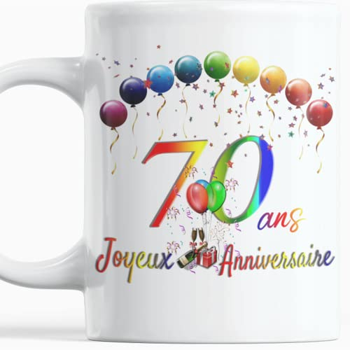 Paroles d'amour Joyeux Anniversaire 70 ans Idée Cadeau Homme Femme Soixante dix ans Mug original avec des ballons en couleur